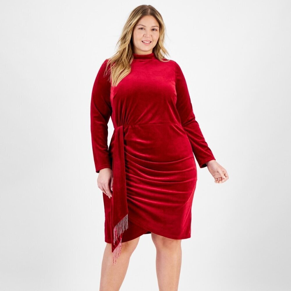 Tahari ASL Plus Size 18W Red Velvet Bodycon Dress NWT Party Cocktail Mock Neck - Picture 4 of 8